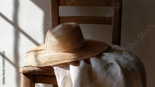 Wooden chair with a straw hat resting on top of it. the chair is leaning against a white wall and there is a white cloth draped over the backrest of the chair.
