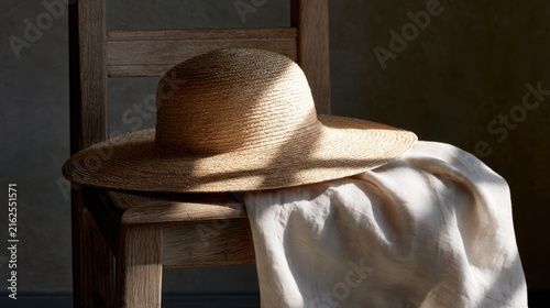 Wooden chair with a straw hat resting on top of it. the hat is wide-brimmed and has a wide brim.