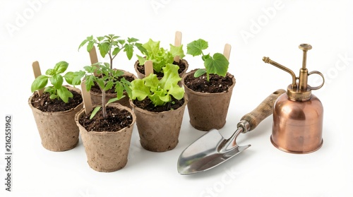 Green seedlings in peat pots with garden trowel and vintage copper mister on white background