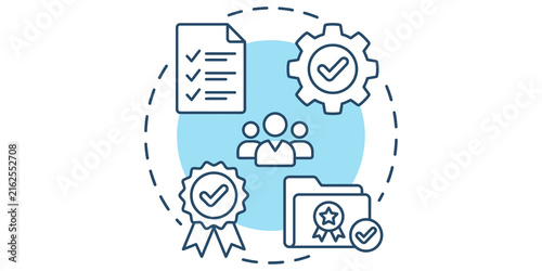 Business management concept illustration featuring people team and quality assurance icons for professional workflow systems.