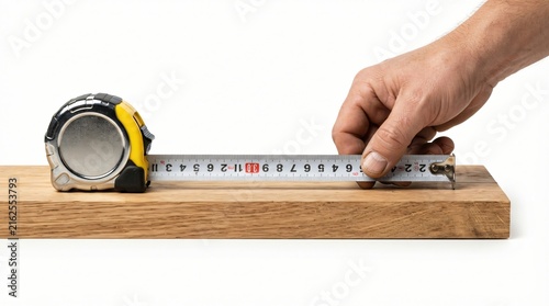 Hand using a steel tape measure to check the length of a wooden board on white background