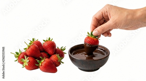 Hand dipping fresh red strawberry into dark melted chocolate bowl isolated on white background