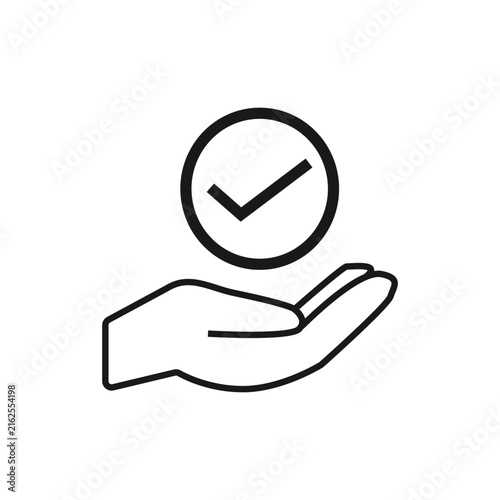 Minimalist line art icon of hand holding checkmark or approved symbol