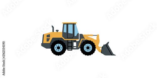 Wheel loader vehicle with yellow body and large bucket designed for earthmoving and industrial construction site operations.