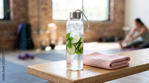 Clear Glass Water Bottle with Infused Cucumber Slice Mint Leaves and Ice Cubes on Wooden Bench in Bright Yoga Gym Studio