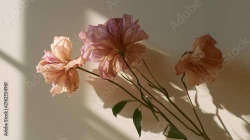 Three pink flowers in a vase on a white wall. the flowers are in full bloom, with their petals open wide and their stems and leaves visible.