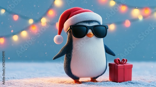 cute happy penguin with sunglasses and christmas gift on decorated festive background with fairy lights illustration