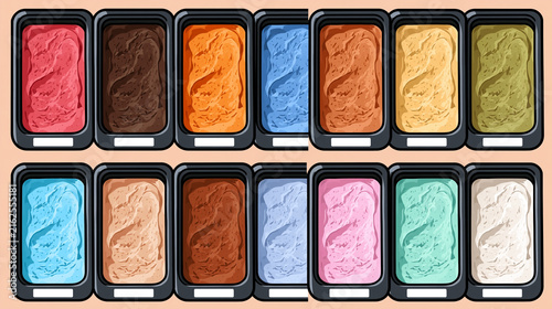 Assorted Gelato Ice Cream Tubs Swirled Flavors Cartoon Illustration Sweet Dessert Shop