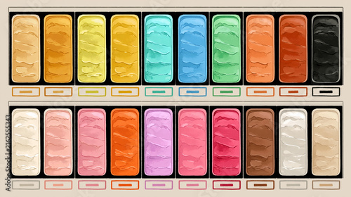 Rainbow Gelato Ice Cream Containers Rows of Flavors Bold Outline 2D Illustration Dessert