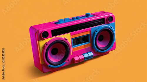 Vivid Pink Blue Boombox Cassette Stereo 3D Render on Orange Background Retro Music Player