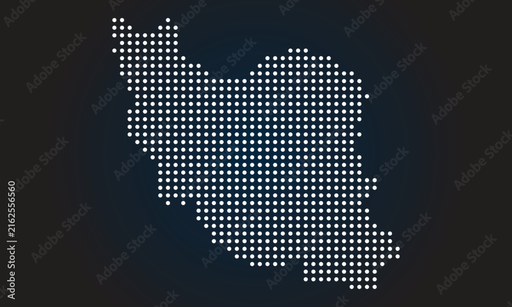 Obraz premium Digital map of Iran created from small white dots on a dark blue gradient background, representing a modern and connected nation.