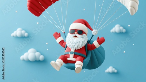 cool santa claus flying with paraglider in blue sky at christmas time illustration