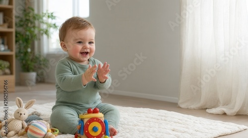 Happy baby sitting on soft rug clapping hands to music from colorful toy in sunny bright cozy nursery room representing joyful childhood development and learning milestone.