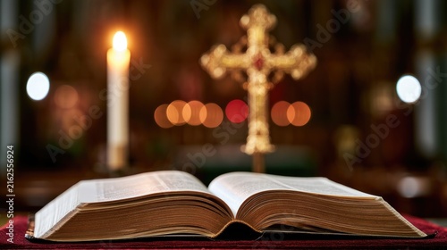 holy bible open book in church at christmas time