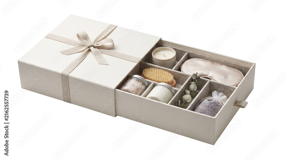 Fototapeta premium Elegant spa gift box with ribbon, luxury wellness care package for women, self care beauty set with candle and sleep mask on white background