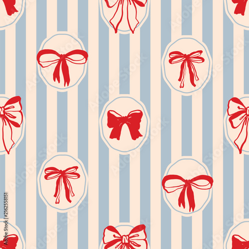 Seamless pattern featuring hand-drawn red bows enclosed in circle shapes on a background of light blue and vertical stripes