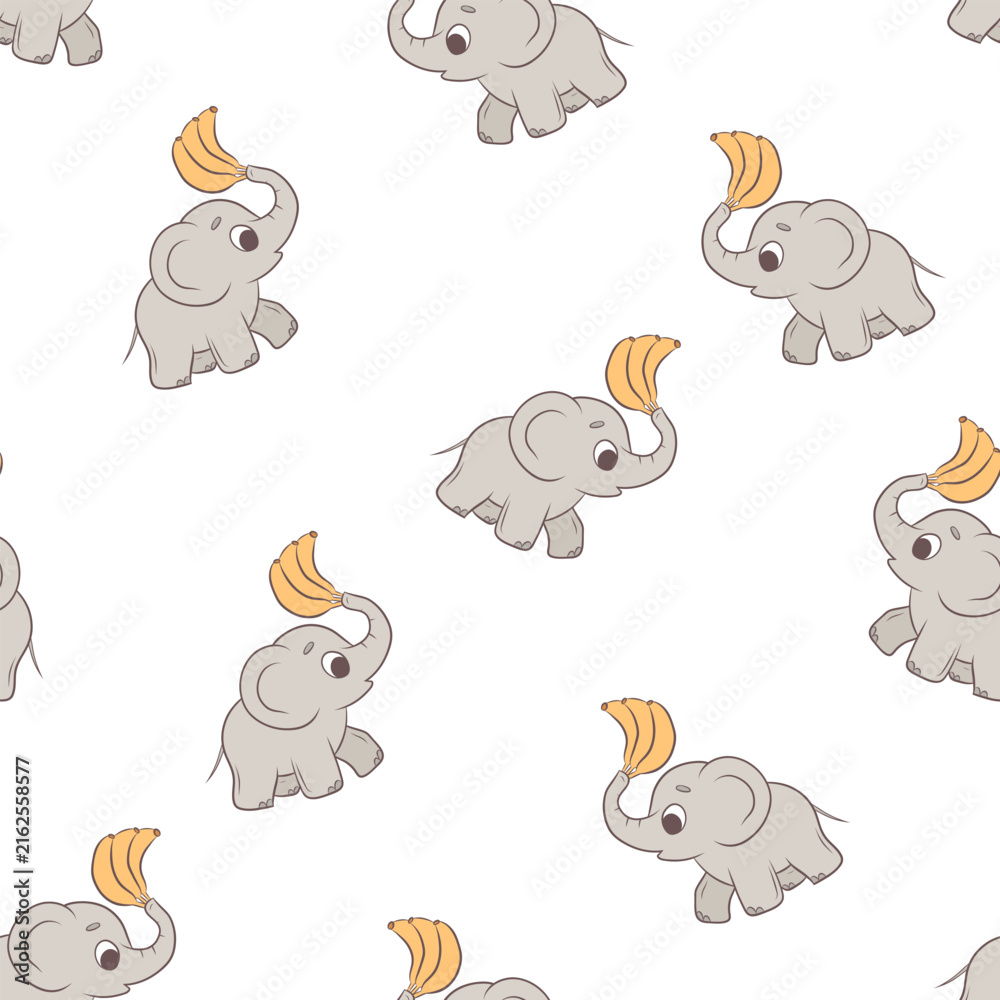Obraz premium Vector seamless background featuring cute elephants and bananas