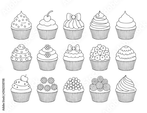 Konstfotografi A collection of fifteen hand-drawn cupcake in black and white outline style for