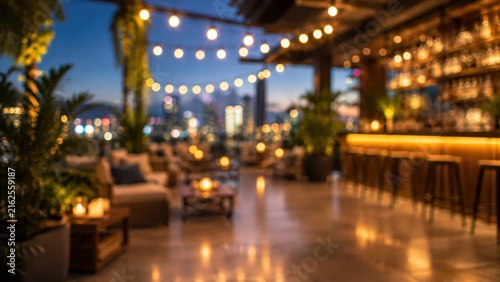 blurred view of a rooftop bar at dusk, warm string lights, city skyline bokeh, urban lounge.