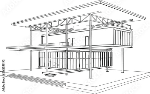 Modern House Wireframe Illustration with Architectural Framework and Structural Engineering Design