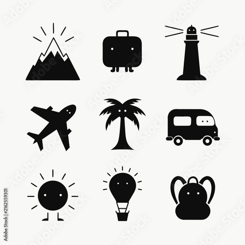 Collection of black travel and adventure icons featuring mountain suitcase lighthouse airplane palm tree van sun hot air balloon backpack adventure vacation mountain suitcase lighthouse airplane