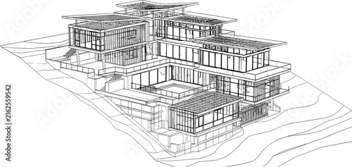 Modern Luxury House Wireframe Illustration with Contemporary Architecture and Structural Engineering Design