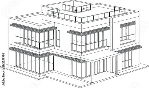 Modern Residential House Wireframe Illustration with Contemporary Architecture and Architectural Line Drawing
