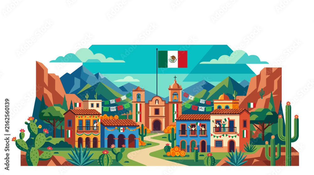 Fototapeta premium Colorful traditional village landscape with green white and red decorations flat vector illustration
