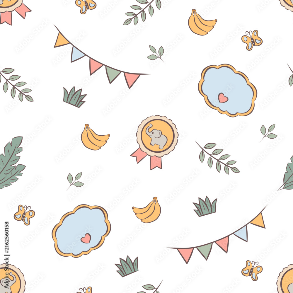 Obraz premium Vector seamless pattern baby elephant badges and decorative elements
