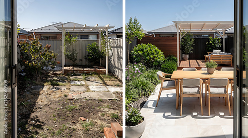 Transformation of a Backyard Garden from Overgrown to Modern Outdoor Space with Dining Area and Greenery