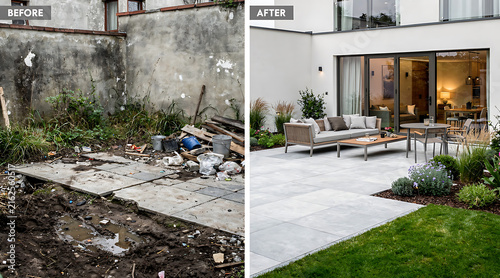 Transforming a Neglected Backyard into a Modern Outdoor Living Space with Elegant Furniture and Landscaping