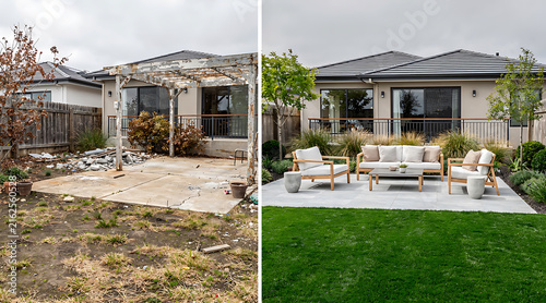 Before and after transformation of a backyard gardening space showing extensive renovation and landscape redesign in a modern home