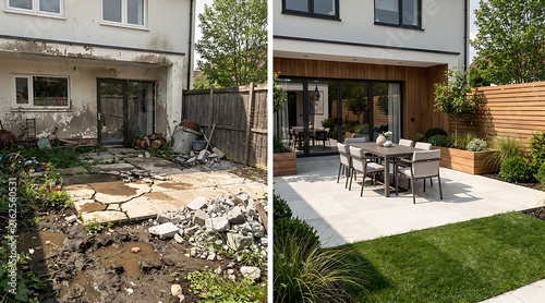 Before and After Residential Backyard Renovation Showing Transformation from Damaged to Modern Outdoor Space with Patio and