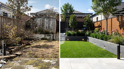 Transformative backyard renovation showcasing a contrast between neglected and revitalized outdoor spaces with lush greenery and