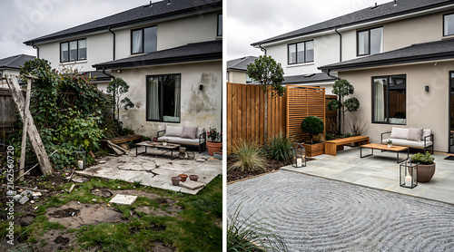 Transformative backyard renovation showcasing a before and after view with lush greenery and contemporary patio setup