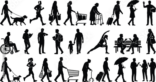 People Lifestyle Silhouette Collection Featuring Walking Shopping Travel Fitness and Daily Activities