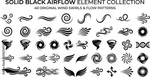 Solid Black Airflow Wind Swirl Vector Collection with Abstract Motion and Flow Elements