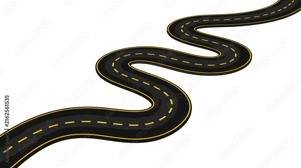 Obraz premium Curved Winding Asphalt Road Vector Illustration with Perspective Highway and Dashed Lane Markings Isolated on White Background