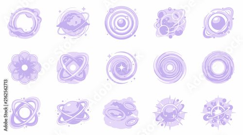 Planets vector collection displays abstract celestial bodies and cosmic swirls in soft purple coloration.
