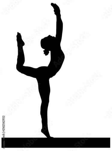 A black silhouette of a gymnast performing exercises on the balance beam