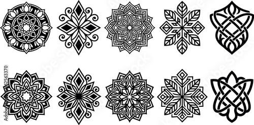 Foto Set of geometric mandalas and ornamental knotwork patterns, black and white vect