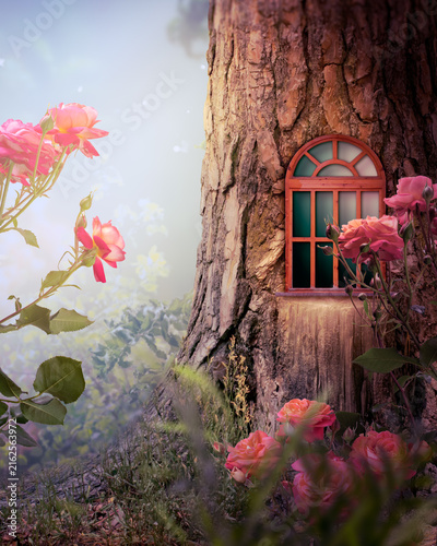 Whimsical fantasy elf or gnome cottage house in pine tree with window frame, whimsy enchanted fairy tale forest with fabulous fairytale blooming roses flower garden, mystery nature landscape.
