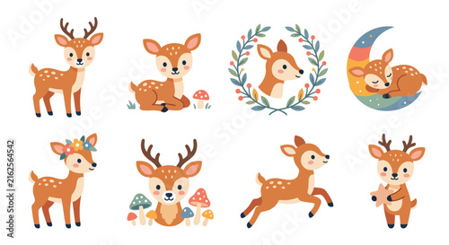 Set of cute little deer characters in various poses for children nursery design vector Vector