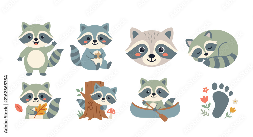 Obraz premium Set of cute little raccoon characters doing different activities in a cartoon style Vector