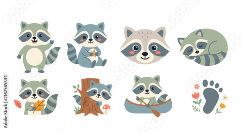 Set of cute little raccoon characters doing different activities in a cartoon style Vector