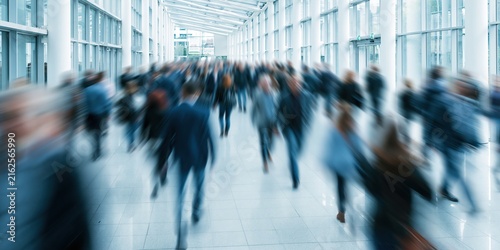 Crowd of blurred business people rushing through a modern office hallway with motion blur effect