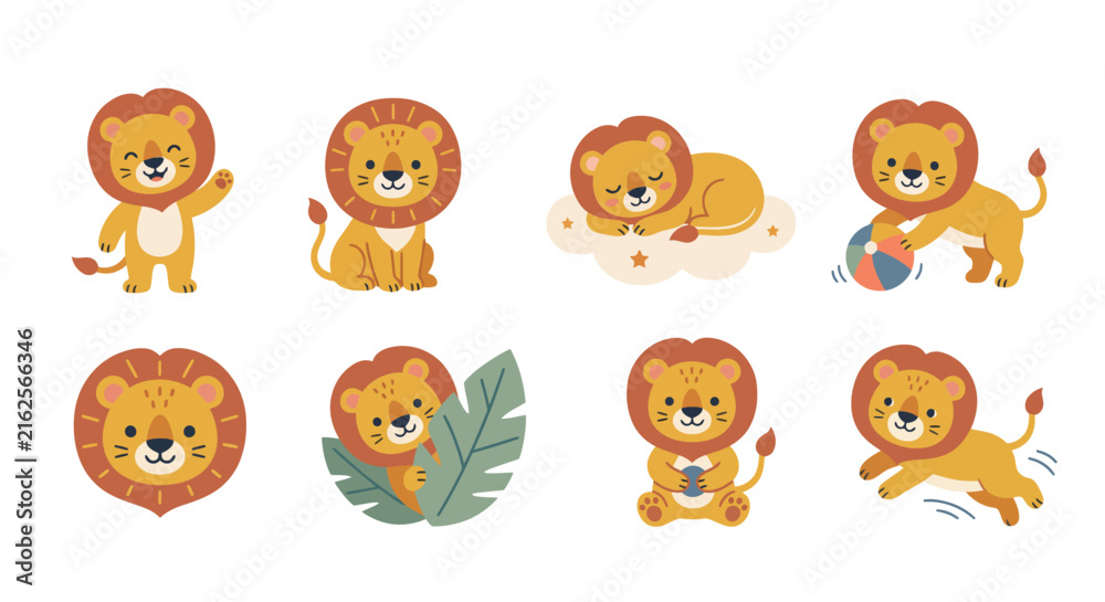Fototapeta premium Set of cute baby lion character illustrations doing different activities and poses Vector