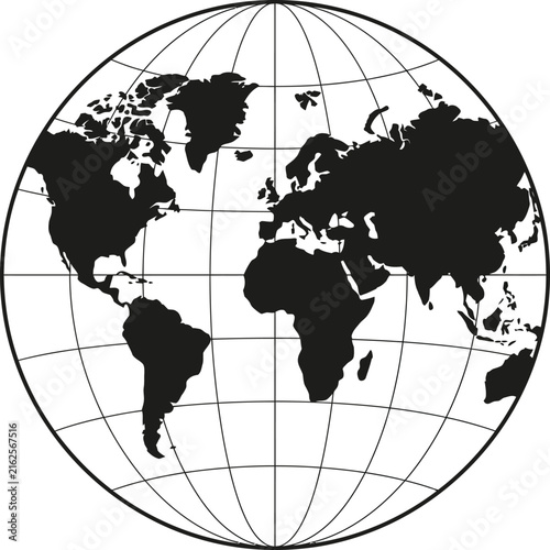 Foto Black and white simple globe icon showing the earth map with continents and line