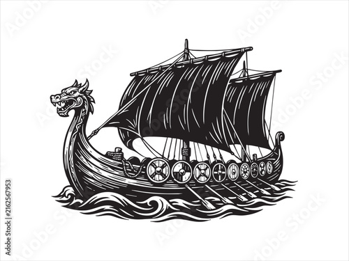 Photography Ancient Viking ship with dragon figurehead sailing on water