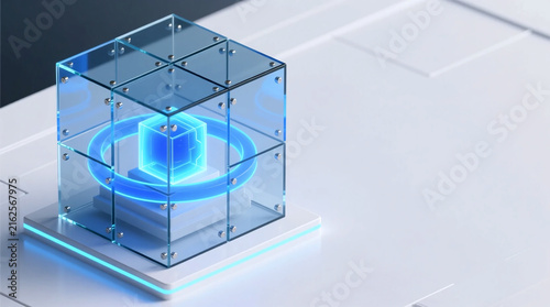 Isometric 3D render illustrating harmonized AI ethics regulation concept with glowing glass core framework on clean white background futuristic scene